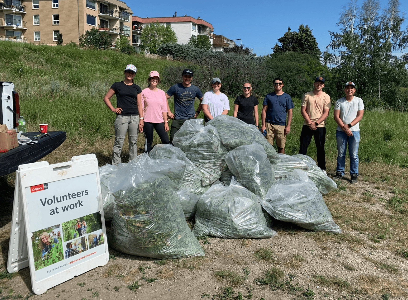 360 employees volunteering for the City of Calgary Invasive Weed Removal Program. Photo shows 8 people standing behind a large pile of bags filled with Canadian Thistle. There is a sign beside the bags that shows the City of Calgary logo and says 'Volunteers at work'.